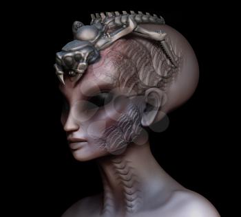Hybrid alien woman queen with embedded parasite crown side view on black