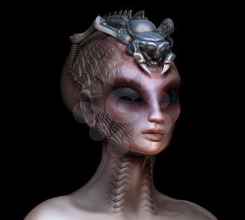 Hybrid alien woman queen with embedded parasite crown side view left on black