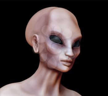 Hybrid alien woman side view on black