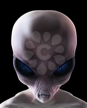 Grey alien with stars in his eyes facing forward isolated on black