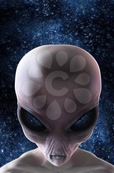Grey alien with stars behind him, looking sinister