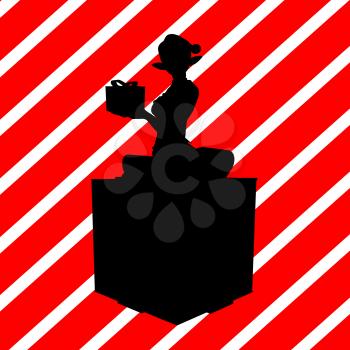Royalty Free Clipart Image of an Elf on a Box Holding a Gift