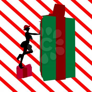 Royalty Free Clipart Image of an Elf With a Gift on a Red Striped Background
