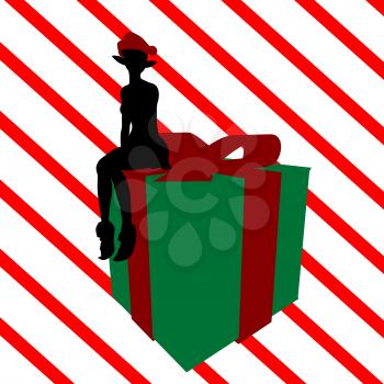 Royalty Free Clipart Image of an Elf on a Christmas Gift