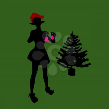 Royalty Free Clipart Image of a Woman Decorating a Tree Against a Green Background