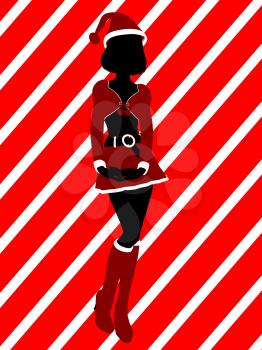 Royalty Free Clipart Image of a Woman in a Santa Suit on a Striped Background
