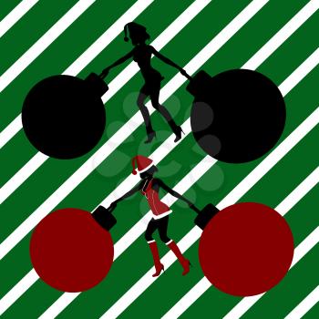 Royalty Free Clipart Image of Elves With Big Ornaments on a Green Striped Background