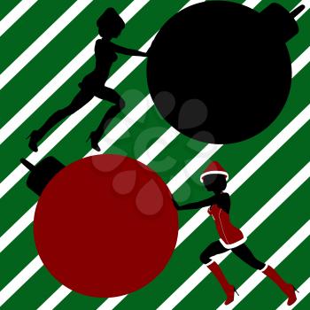 Royalty Free Clipart Image of Two Elves Pushing Big Ornaments