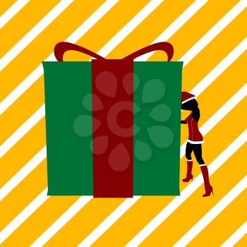Royalty Free Clipart Image of Santa's Elf Pushing a Huge Christmas Box