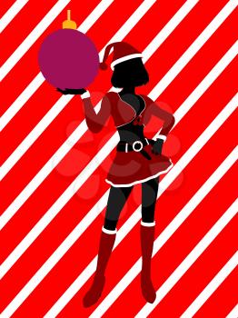 Royalty Free Clipart Image of a Girl in an Elf Costume Holding an Ornament