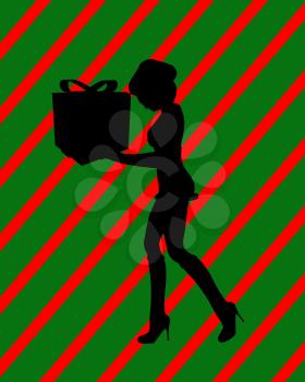 Royalty Free Clipart Image of a Woman With a Gift on a Striped Background