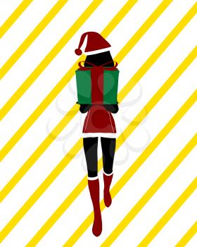 Royalty Free Clipart Image of a Girl With a Present on Striped Background