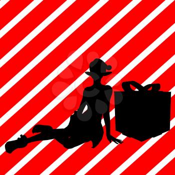 Royalty Free Clipart Image of a Santa Elf With a Gift on a Red Striped Background