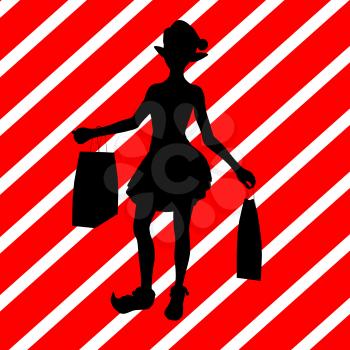 Royalty Free Clipart Image of a Shopping Elf on a Striped Background
