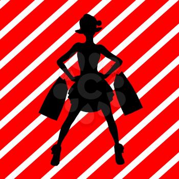 Royalty Free Clipart Image of a Woman With Shopping Bags on a Striped Background