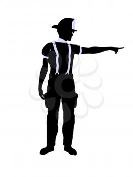 Royalty Free Clipart Image of a Firefighter Pointing