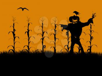 Royalty Free Clipart Image of a Scarecrow in a Cornfield