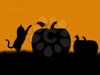 Royalty Free Clipart Image of Pumpkins, a Cat, Raven, and Mouse
