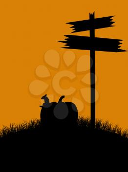 Royalty Free Clipart Image of a Mouse on a Pumpkin By a Wooden Sign