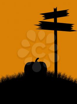 Royalty Free Clipart Image of a Pumpkin a Road Sign