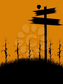 Royalty Free Clipart Image of a Cornfield With a Sign and Bird
