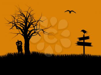 Royalty Free Clipart Image of a Scarecrow Under a Tree and a Raven on a Sign
