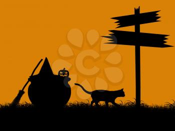 Royalty Free Clipart Image of a Halloween Scene With a Cat and Pumpkin
