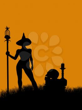 Royalty Free Clipart Image of a Witch With Books, a Skull and a Candle