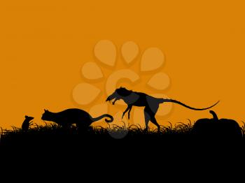 Royalty Free Clipart Image of a a Mouse, Cat and Dinosaur on an Orange Background