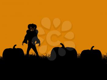 Royalty Free Clipart Image of a Jack-o-Lantern Scarecrow in a Pumpkin Patch