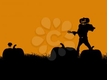 Royalty Free Clipart Image of a Jack-o-Lantern Scarecrow in a Pumpkin Path