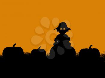 Royalty Free Clipart Image of a Scarecrow in a Pumpkin Patch