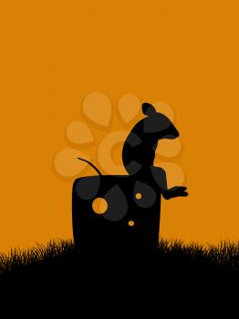 Royalty Free Clipart Image of a Rat on a Piece of Cheese