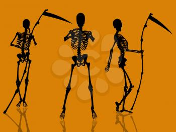 Royalty Free Clipart Image of Skeletons and Scythes