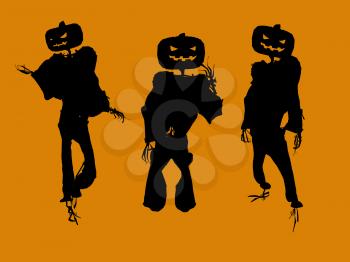 Royalty Free Clipart Image of Three Scary Jack-o-Lanterns on Orange