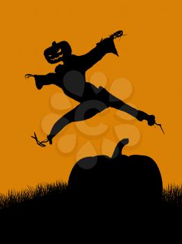Royalty Free Clipart Image of a Jumping Jack-o-Lantern Scarecrow
