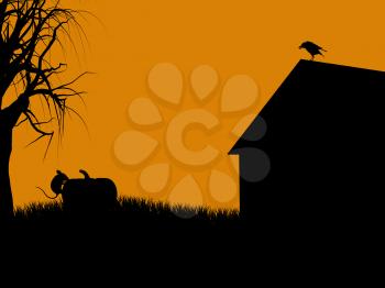 Royalty Free Clipart Image of a Building, a Bird and a Cat on an Orange Background
