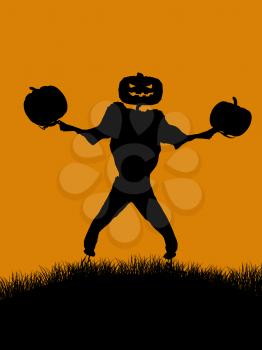 Royalty Free Clipart Image of a Jack-o-Lantern Scarecrow and Pumpkins