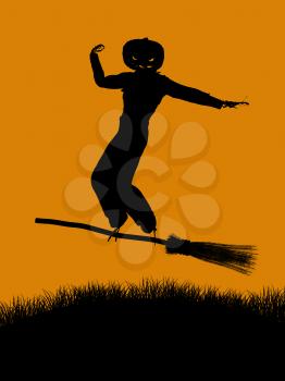 Royalty Free Clipart Image of a Scarecrow on a Broomstick