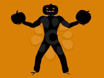 Royalty Free Clipart Image of a Jack-o-Lantern Scarecrow With Pumpkins