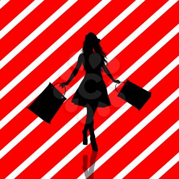 Royalty Free Clipart Image of a Girl With Shopping Bags on a Striped Background