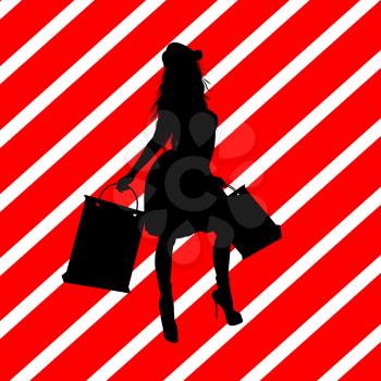 Royalty Free Clipart Image of a Christmas Shopper on a Red Striped Background