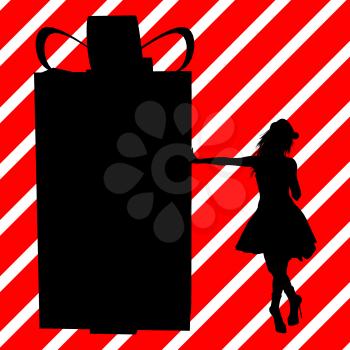 Royalty Free Clipart Image of a Woman in a Santa Hat Next to a Big Container
