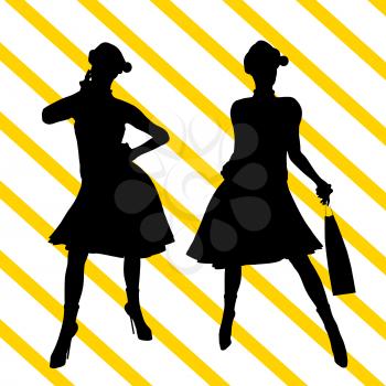 Royalty Free Clipart Image of Two Shoppers on a Striped Background
