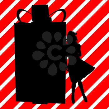 Royalty Free Clipart Image of a Girl in a Santa Hat Leaning Against a Container