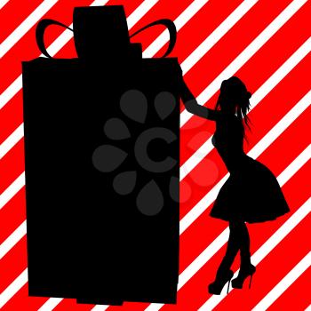 Royalty Free Clipart Image of a Woman and Big Container on a Red Striped Background