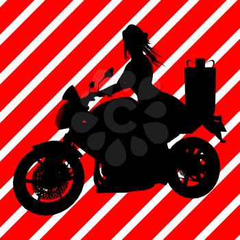 Royalty Free Clipart Image of a Woman on a Motorcycle With a Gift