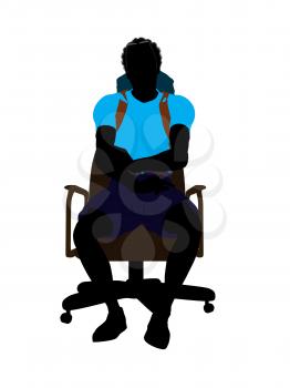Royalty Free Clipart Image of a Man Wearing a Backpack Sitting on a Chair
