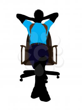 Royalty Free Clipart Image of a Man Wearing a Backpack Sitting on a Chair