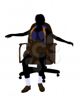 Royalty Free Clipart Image of a Woman Wearing a Backpack Sitting in a Chair